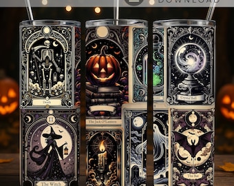 Diseño PNG para vaso con cartas del tarot, diseño para vaso de Halloween, diseño de sublimación de bruja, diseño PNG para vaso gótico delgado, descarga instantánea.