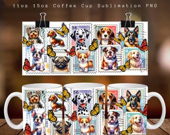 May include: White coffee mugs with a dog-themed design. The design features various dog breeds on postage stamps with butterflies. The text "AnnaVerseShop" and "Instant Download" are visible. The mugs are labeled as 11oz and 15oz.