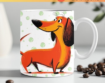 May include: White ceramic coffee mug featuring a cartoon dachshund dog in orange and yellow with a black nose and ears. The mug has a white handle and is decorated with green tennis balls. The text "AnnaVerseShop" is at the top.