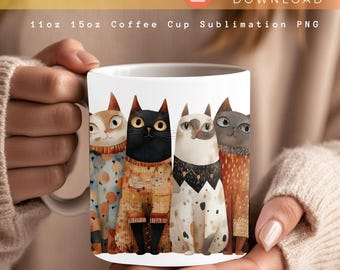 Envoltura de taza con diseño de gato, diseño digital de gatos caprichosos, taza de café de 11 oz y 15 oz, sublimación PNG, diseño de taza para amantes de los gatos, descarga instantánea