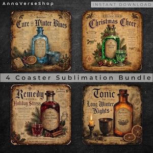 May include: A set of four square coasters featuring vintage-style apothecary labels. Designs include Cure for Winter Blues, Elixir for Christmas Cheer, Remedy for Holiday Stress, and Tonic for Long Winter Nights, each with illustrated bottles and text.