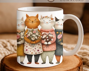 Lustige Katzenbecher-Design, Cottagecore-Katzen mit Blumen, süße Katzenkaffeetasse Sublimation PNG, 11 Unze 15 Unze Becherverpackung, sofortiger Download