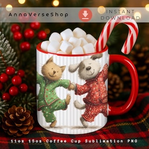 Funny Cat and Dog Christmas Mug PNG, Dancing Pets Coffee Cup Print, Cozy Pajamas Mug Wrap 15oz & 11oz, Cute Animal Friends Sublimation