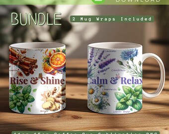 Botanical Herbal Tea Mug Wrap Bundle, Morning & Evening Mug Wrap, Tea Inspired Sublimation PNG for 11oz 15oz Mugs, Instant Download