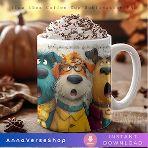 Funny Cartoon Dog Fall Mug Wrap, 11oz 15oz Coffee Cup PNG, Dog Lover Sublimation, Autumn Mug Design, Cute Puppy Clipart, Instant Download