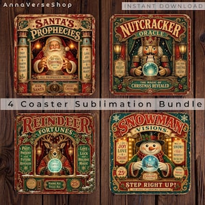 May include: A set of four square sublimation coaster designs featuring vintage-style illustrations of Santa, a nutcracker, a reindeer, and a snowman, each holding a glowing crystal ball with text labels like Santa's Prophecies and Nutcracker Oracle.