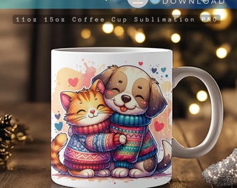 Christmas Dog and Cat Mug Wrap PNG, Cute Love Pets Mug Sublimation, 11oz 15oz Coffee Cup Design, Pet Lover Gift