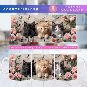 3D Kitten Mug Wrap PNG, Cute Cat Mug Sublimation, Hole in Wall Cat Mug Design, Printable Mug Art, 11oz and 15oz Coffee Cup Template