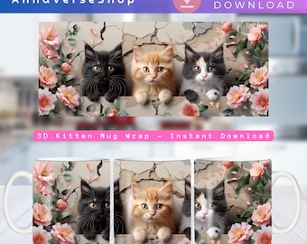 Tazza con gattino 3D in formato PNG, stampa a sublimazione su tazza con gatto carino, design di tazza con gatto con buco nel muro, arte stampabile per tazze, modello per tazza da caffè da 11 e 15 once