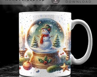Weihnachten Schneemann Becher Wrap, Schneekugel Kaffeetasse PNG, Winter Kerze Becher Sublimation, Urlaub heiße Kakaotasse Design, Instant Download