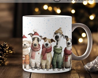 May include: A white coffee mug featuring a festive illustration of six dogs wearing winter attire, including hats and scarves. The mug has a silver handle and the text "AnnaVerseShop" and "Instant Download". The mug is labeled "11oz 15oz Coffee Cup Sublimation PNG".