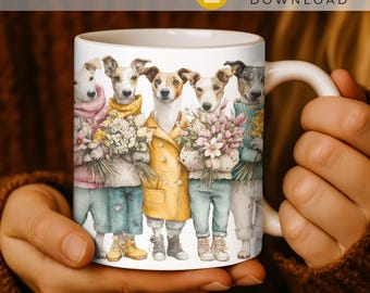 Envoltura de taza de café con perro PNG, perros lindos con flores, diseño de sublimación de taza de 325 ml y 400 ml, arte animal cottagecore, descarga instantánea