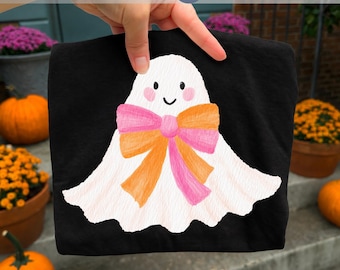 Fantasma lindo con lazo PNG, sublimación de Halloween en tonos pastel suaves, PNG de temporada espeluznante para chicas, diseño de Halloween coqueto, PNG de fantasma de moda