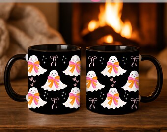 Cute Halloween Ghost Mug Wrap PNG, Ghosts with Bows, 11 oz 15 oz Sublimation Design, Spooky Mug Digital Download, Coquette Halloween Wrap