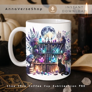 Witchy Bookshelf Mug Wrap, Magical Cat, Crystals & Moon – Sublimation Design, Halloween Coffee Mug PNG, Instant Download