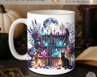 Häxig bokhyllemuggomslag, magisk katt, kristaller och måne – sublimeringsdesign, Halloween-kaffemugg PNG, direktnedladdning