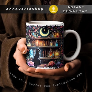 Mystical Black Cat Mug Wrap, Witch Bookshelf Sublimation, Magic Moon Cup Design, Dark Academia Coffee Cup PNG, Instant Download