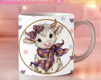 Emballage de tasse mignon vache Highland PNG avec noeud Pastel, Design en sublimation bébé vache, tasse à café 11 oz 15 oz, tasse animaux de la ferme, téléchargement immédiat