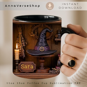 May include: Black coffee mug featuring a witch's hat with a purple band and gold accents, set against a wooden backdrop with a lit candle and the name "Sara". The mug has a black interior and handle. Text on the mug reads "11oz 15oz Coffee Cup Sublimation PNG".