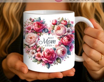 "Blume ""Mom Ever"" Becher PNG, Muttertag Sublimationsdesign (Digitaler Download)"