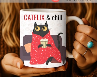 Envoltura de taza de gato PNG, Diseño divertido de gato para una noche de cine, Catflix & Chill, Envoltura de taza de café de gato acogedor, Sublimación PNG