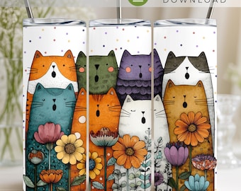 Whimsical Cats Floral Tumbler Wrap, Colorful Cat Lover Sublimation Design (Digital Download)
