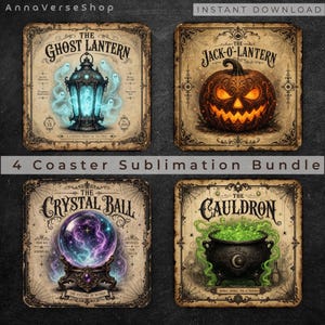 Vintage Halloween Coaster Sublimation Bundle PNG, Witchy Gothic Coasters, Spooky Fall Decor, 4 Coaster PNG Digital Download
