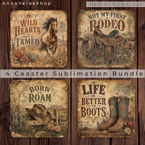 Western Coaster Sublimation Bundle, Vintage Cowboy Coasters PNG, Rustic Ranch Decor, Western Horse Designs, Rodeo Coaster PNG Set