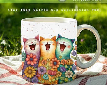Taza divertida de gato PNG, diseño para taza de amante de los gatos, diseño de sublimación de tazas de gatos coloridos de 15 oz y 11 oz, estampado de taza de café adorable, descarga instantánea