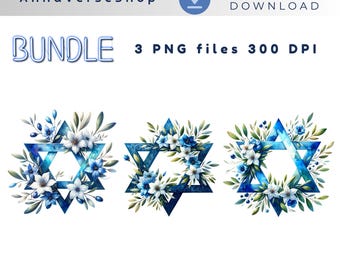 Star Of David Bundle, Floral Jewish PNG Clipart, Support for Israel Sublimation, Jewish Symbol Graphic, Instant Download