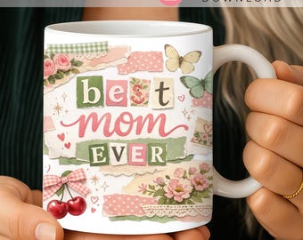 Beste Mutter aller Zeiten Becherverpackung PNG, Sammelalbum-Becher-Design, Kokette Kaffeetasse Sublimation, Blumen Vintage Mutter Geschenk, 11 Unze 15 Unze Becher Wrap