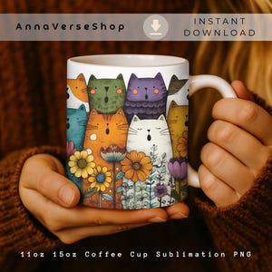 Taza de gato divertida PNG, envoltura para taza para amantes de los gatos, diseño de sublimación de tazas de gatos coloridos de 15 oz y 11 oz, impresión de taza de café linda, plantilla PNG de descarga instantánea
