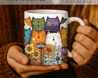 Taza de gato divertida PNG, envoltura para taza para amantes de los gatos, diseño de sublimación de tazas de gatos coloridos de 15 oz y 11 oz, impresión de taza de café linda, plantilla PNG de descarga instantánea