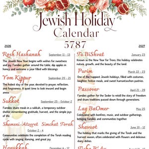 May include: A Jewish Holiday Calendar 5787 for 2026-2027 featuring a floral header with red apples, pomegranates, and white flowers. The document lists holidays including Rosh Hashanah, Yom Kippur, Sukkot, Shemeni Atzeret, Simchat Torah, Hanukkah, Tu BiShvat, Purim, Passover, Lag BaOmer, Shavuot, and Tisha B'Av with descriptions.