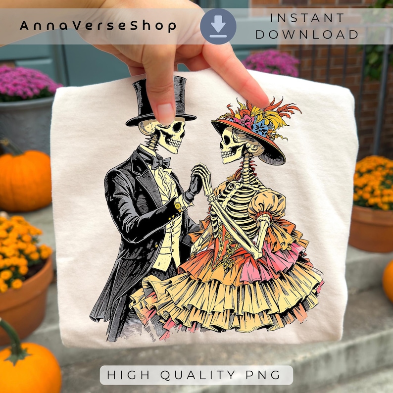 May include: A white t-shirt featuring a vintage illustration of two skeletons dressed in formal attire, holding hands. The male skeleton wears a top hat and tuxedo, while the female skeleton is in a dress and hat. The text "HIGH QUALITY PNG" is at the bottom.