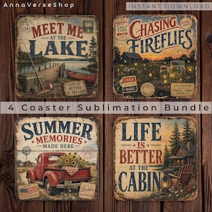 May include: A set of four square coasters featuring vintage-style illustrations. Designs include a lake scene with a canoe, a field with fireflies in jars, a red pickup truck with sunflowers, and a cabin in the woods with rustic typography.