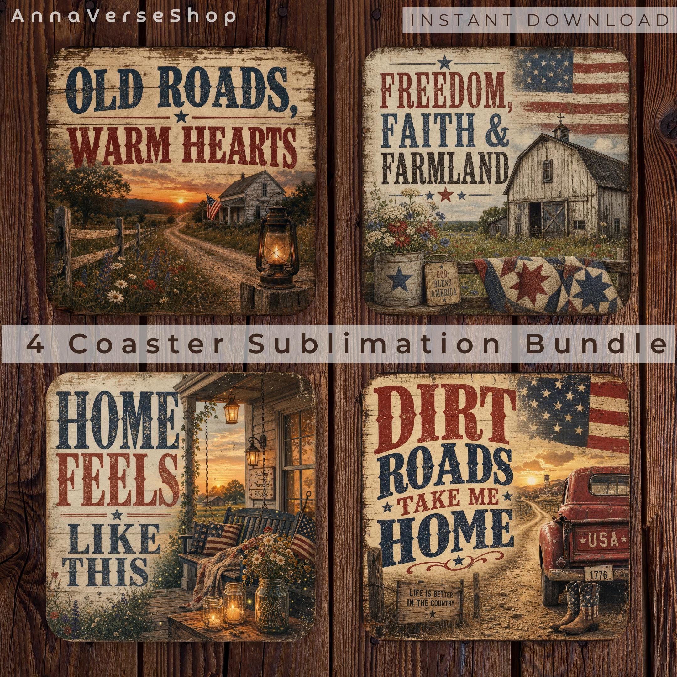 Rustic Americana Coaster Sublimation Bundle, Farmhouse Patriotic ...