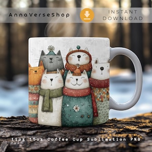 May include: White ceramic coffee mug featuring a group of smiling cartoon cats wearing scarves and hats. The mug has the text "AnnaVerseShop" and "Instant Download". The mug is designed for 11oz and 15oz coffee cup sublimation.