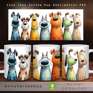 May include: White ceramic coffee mugs with a colorful cartoon dog design. The mugs feature a repeating pattern of various dog breeds with different colors and expressions. The mugs are available in 11oz and 15oz sizes.