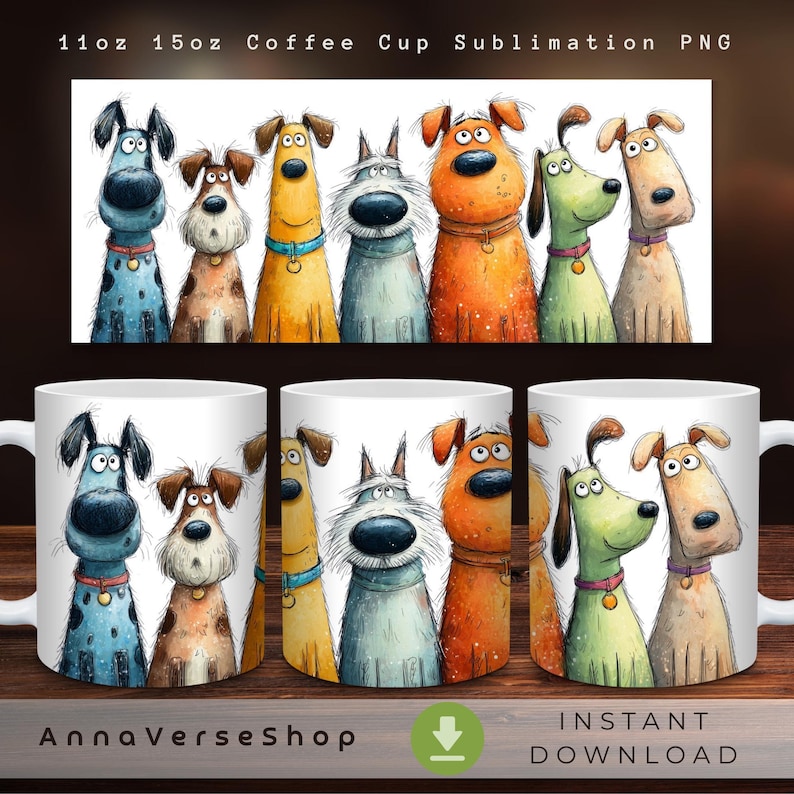 May include: White ceramic coffee mugs with a colorful cartoon dog design. The mugs feature a repeating pattern of various dog breeds with different colors and expressions. The mugs are available in 11oz and 15oz sizes.
