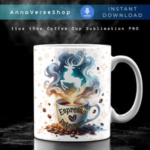 May include: White ceramic coffee mug with a whimsical design. The mug features a deer silhouette emerging from a swirling cloud of blue and gold smoke. The mug has the words "Espresso Patronum" and coffee beans around the base.