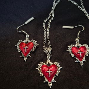 3pc Red or Black Heart , Cross , Necklace, Earrings Set ,  Vampire , Steampunk, Goth , Retro Trending, perfect gift or everyday wear