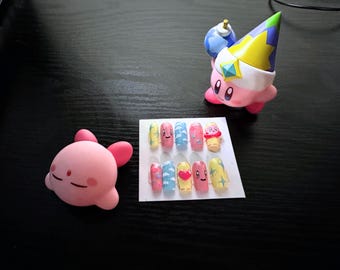 Kawaii Kirby Press-On Nails: Hand-Painted Anime Gamer Nail Art