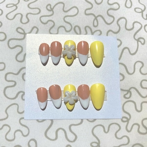 Sunshine Bloom Press-On Nails | Handmade Yellow & French Tip 3D Flower Fake Nail Set | Custom Reusable Summer Manicure