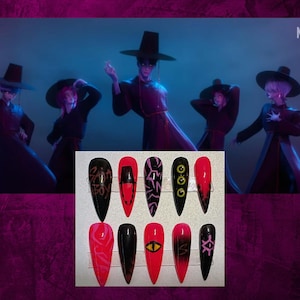 Your Idol Saja Boys Press-On Nails | Black and Red Fake Nails | Custom Hand-Painted Set | K-Pop Demon Hunters Inspired Nail Art