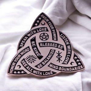 Sacred Affirmation Enamel Pin – Wiccan Triquetra Protection Badge with Symbols  Mantras, Spiritual Gift for Witches  Healers