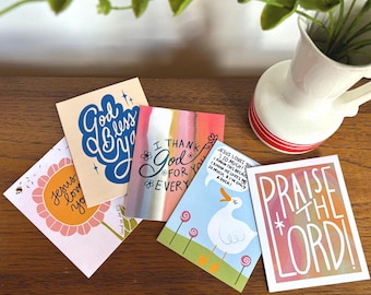 Hand Drawn Faith Based Blank Greeting Cards, Set of 5 Individual, Unique, Uplifting Christian Designs