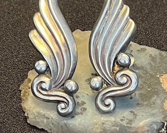 Aretes vintage de ala de plata esterlina Margot de Taxco / Joyería de diseño de plata mexicana con cierre de rosca