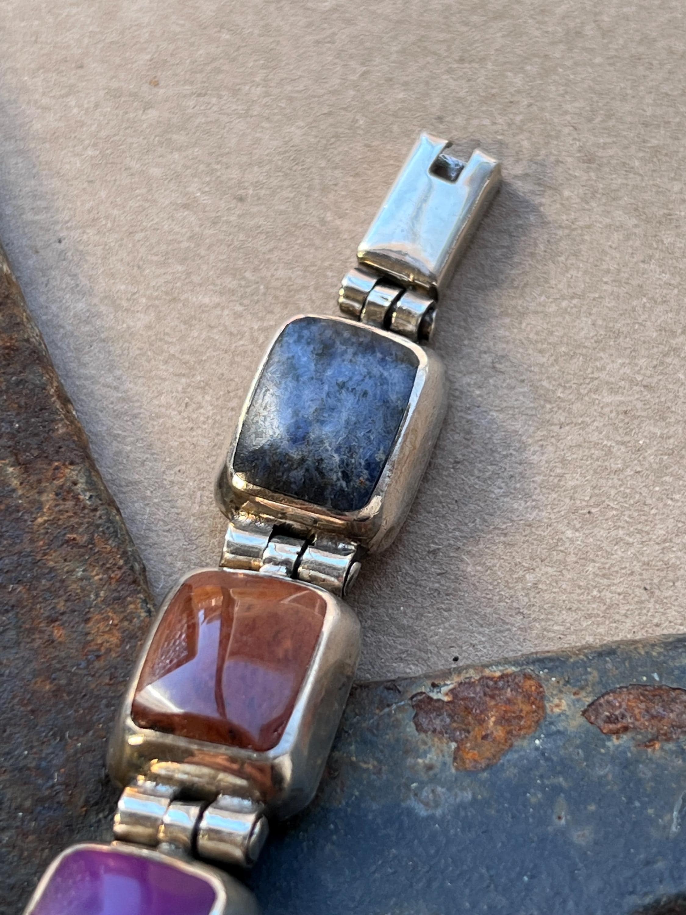 Sterling Silver Mexican Multi-stone Panel Bracelet – 8” – 50.1g