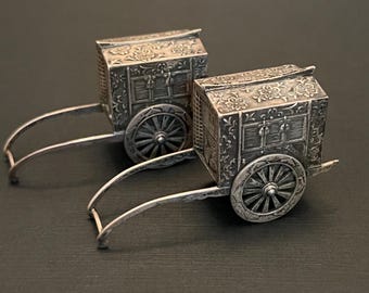 Antique Japanese Sterling 950 Rickshaw Salt & Pepper Shakers – Figural Novelty, Moving Wheels, Rare Collectible